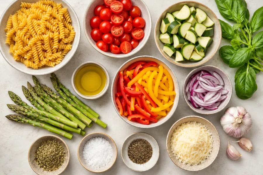Ingredients for Summer Garden Pasta including pasta, asparagus, zucchini, tomatoes, peppers, onion, garlic, basil, olive oil, herbs, and Parmesan