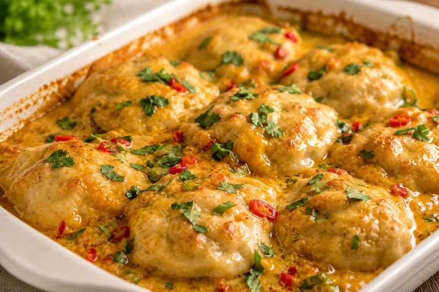 Close-up of baked dumplings in creamy coconut curry sauce