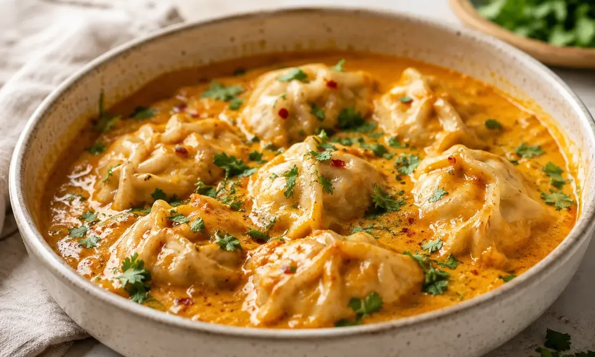 Viral coconut curry dumpling bake in a creamy orange curry sauce with herbs