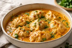 Viral coconut curry dumpling bake in a creamy orange curry sauce with herbs