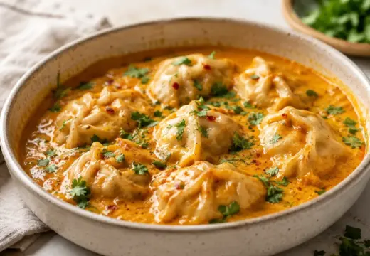 Viral coconut curry dumpling bake in a creamy orange curry sauce with herbs