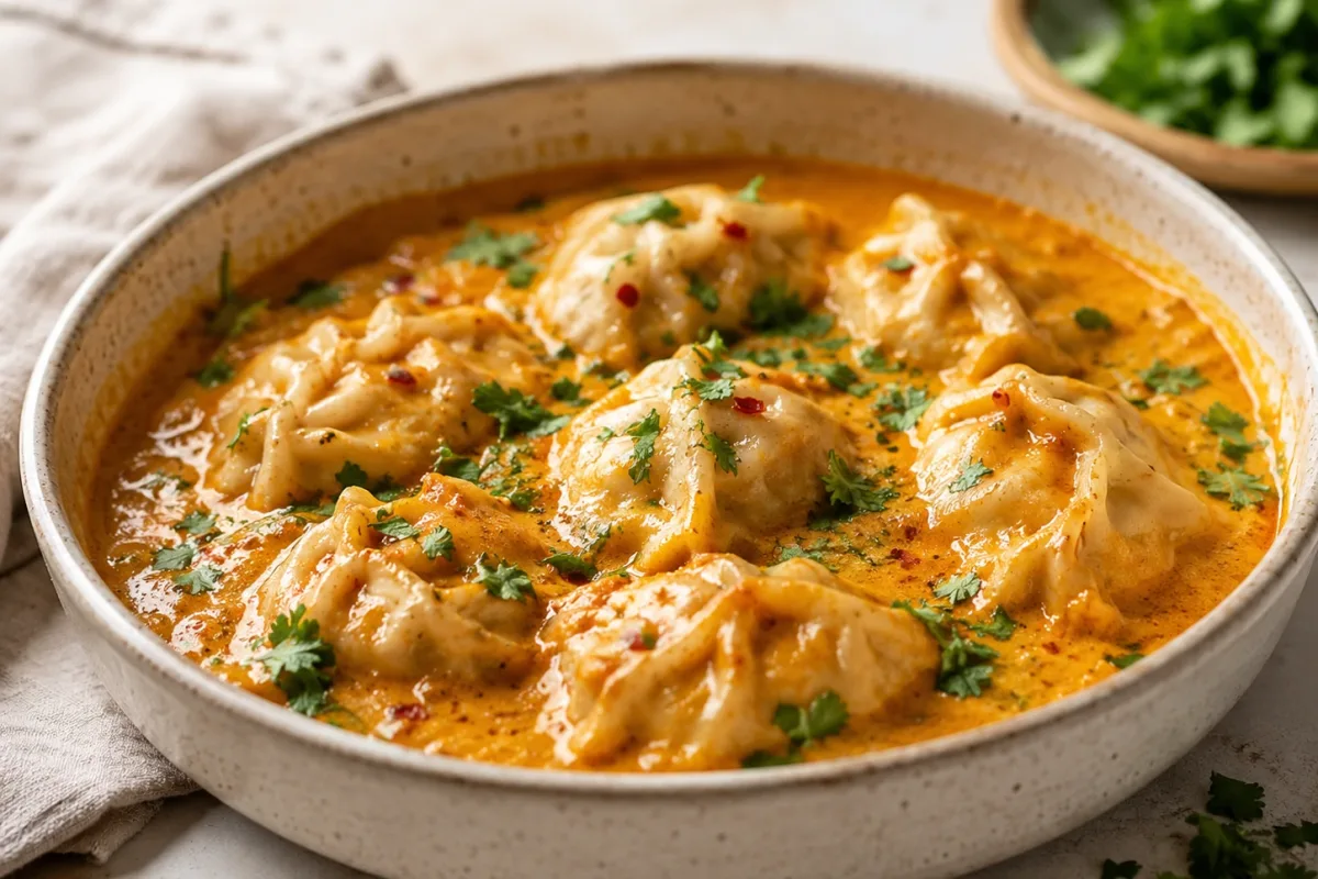 Viral coconut curry dumpling bake in a creamy orange curry sauce with herbs