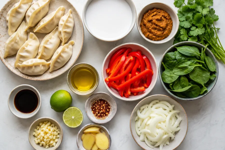 Ingredients for viral coconut curry dumpling bake including dumplings, coconut milk, curry paste, onion, spinach, bell pepper, and herbs