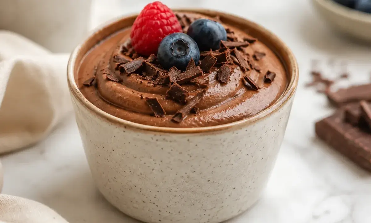 Whipped Greek yogurt chocolate mousse served in a glass dessert bowl with chocolate shavings
