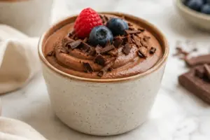 Whipped Greek yogurt chocolate mousse served in a glass dessert bowl with chocolate shavings