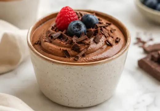 Whipped Greek yogurt chocolate mousse served in a glass dessert bowl with chocolate shavings