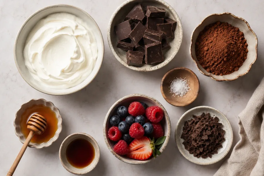 Ingredients for whipped Greek yogurt chocolate mousse including Greek yogurt, dark chocolate, cocoa powder, honey, vanilla, berries, and chocolate shavings