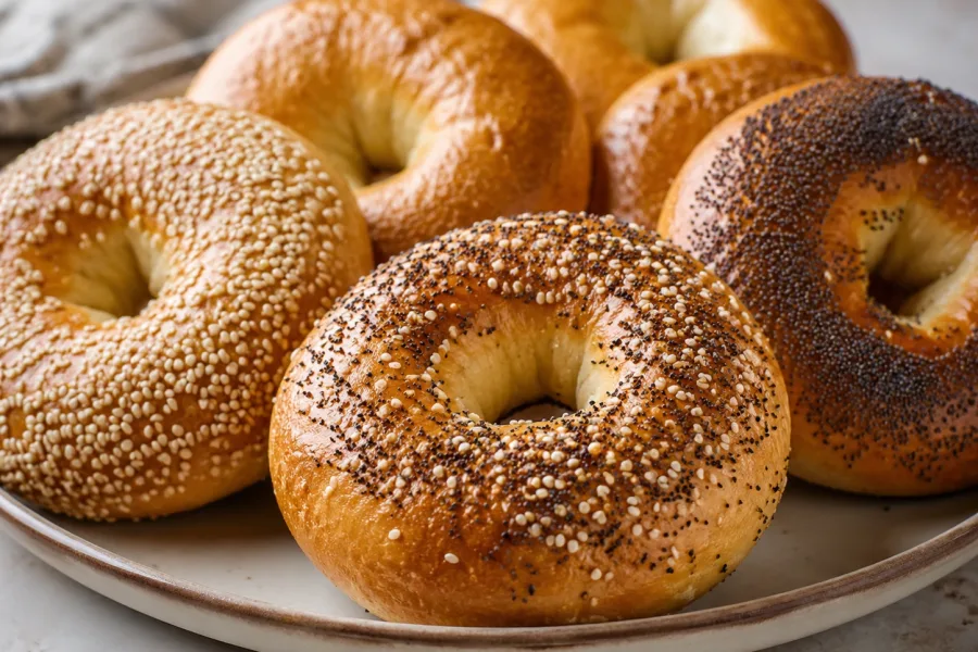 Close-up of homemade bagels showing glossy crusts and assorted seeded toppings