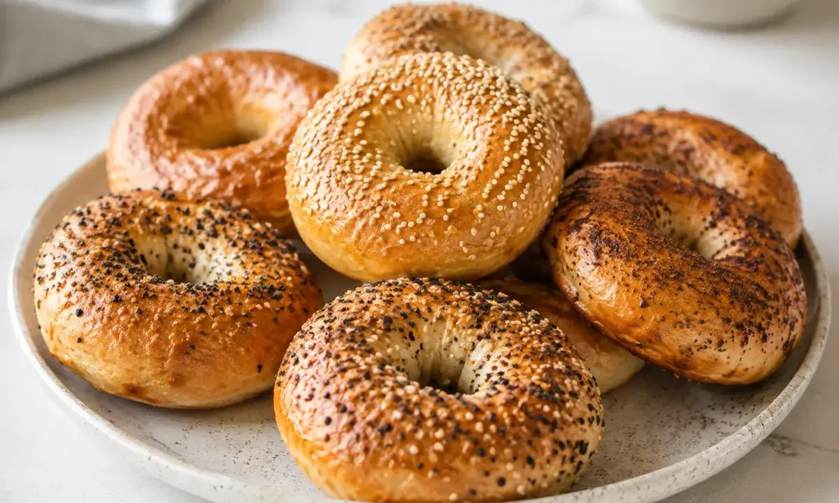 A plate of homemade bagels with sesame, poppy seed, and everything seasoning toppings