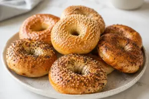 A plate of homemade bagels with sesame, poppy seed, and everything seasoning toppings