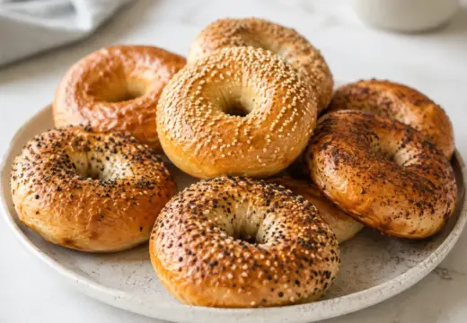 A plate of homemade bagels with sesame, poppy seed, and everything seasoning toppings