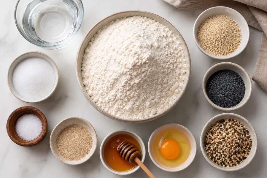 Ingredients for homemade bagels including flour, water, yeast, sugar, salt, honey, egg, sesame seeds, poppy seeds, and everything seasoning