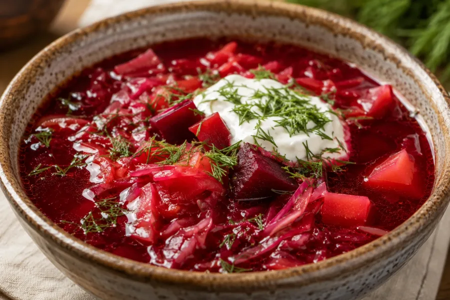Close-up of borscht soup showing beets, vegetables, sour cream, and dill