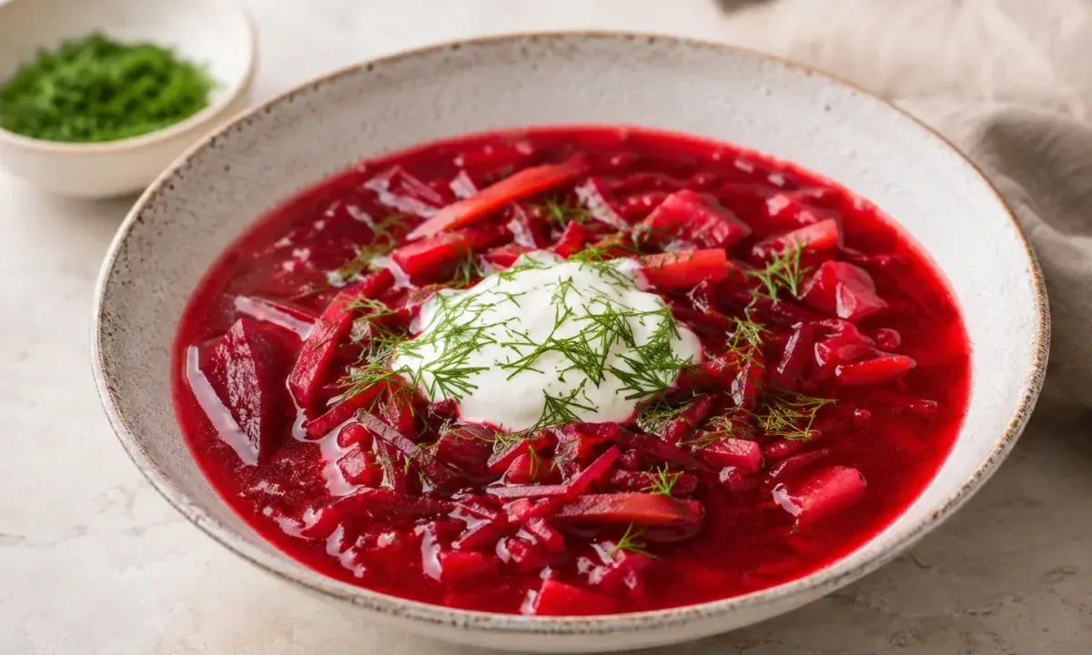 A bowl of borscht soup topped with sour cream and fresh dill