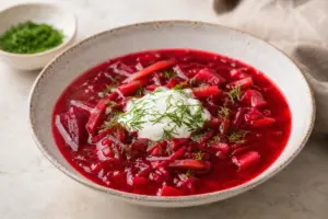 A bowl of borscht soup topped with sour cream and fresh dill