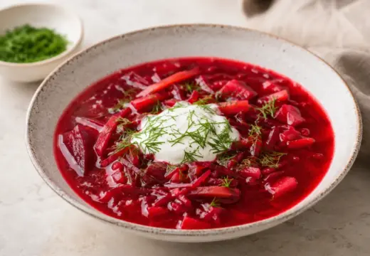A bowl of borscht soup topped with sour cream and fresh dill