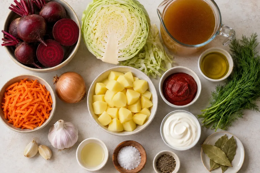 Ingredients for borscht soup including beets, cabbage, carrots, potatoes, onion, garlic, broth, dill, tomato paste, sour cream, and seasonings