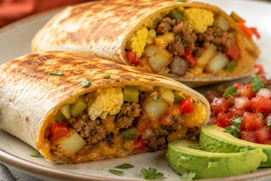 Close-up of a breakfast burrito with melted cheese, eggs, potatoes, sausage, salsa, and avocado