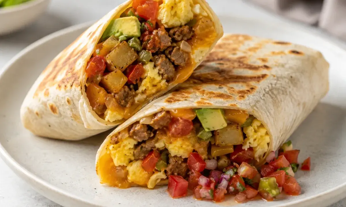 A plated breakfast burrito cut open and filled with eggs, sausage, potatoes, cheese, and fresh toppings