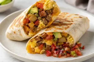 A plated breakfast burrito cut open and filled with eggs, sausage, potatoes, cheese, and fresh toppings