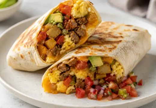 A plated breakfast burrito cut open and filled with eggs, sausage, potatoes, cheese, and fresh toppings