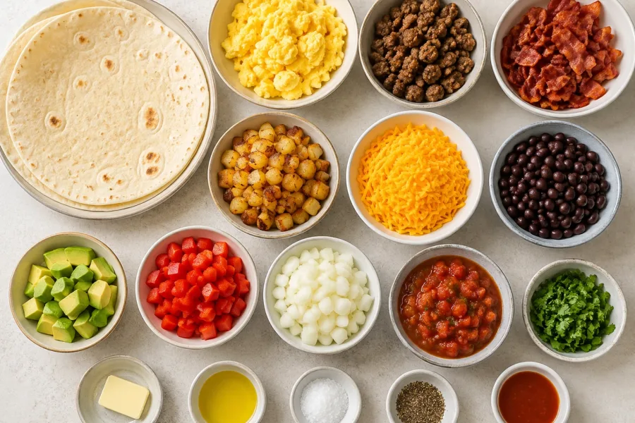 Ingredients for breakfast burritos including tortillas, eggs, sausage, potatoes, cheese, salsa, avocado, peppers, onion, and seasonings