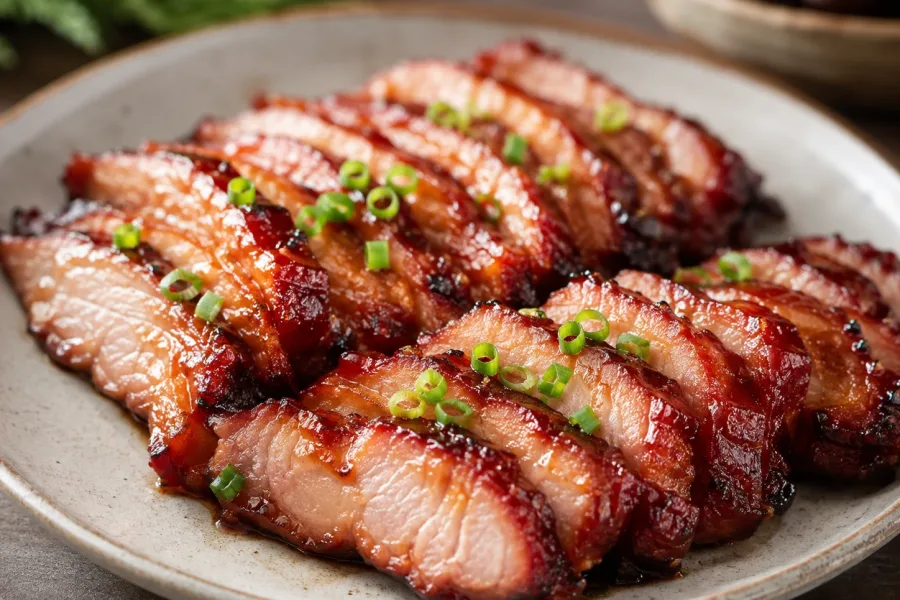 Close-up of char siu showing its caramelized glaze and tender sliced interior