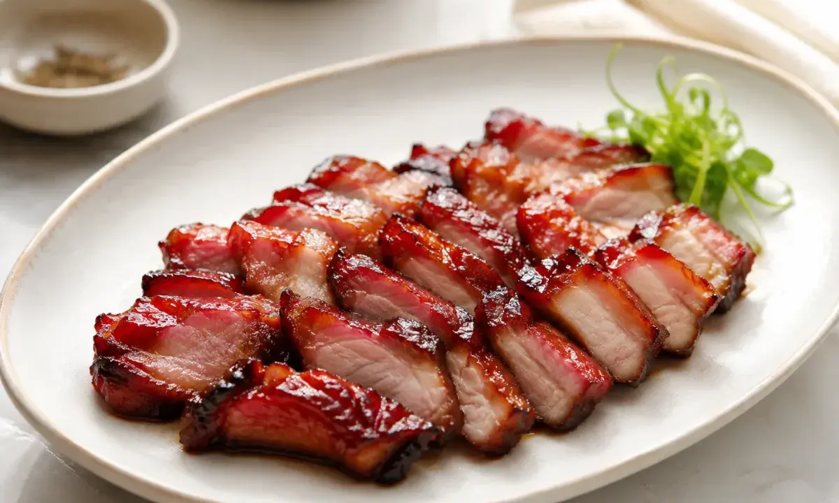 Sliced char siu served on a plate with a glossy glaze
