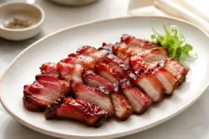 Sliced char siu served on a plate with a glossy glaze