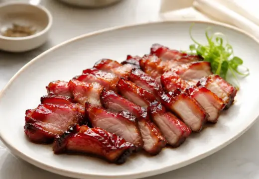 Sliced char siu served on a plate with a glossy glaze