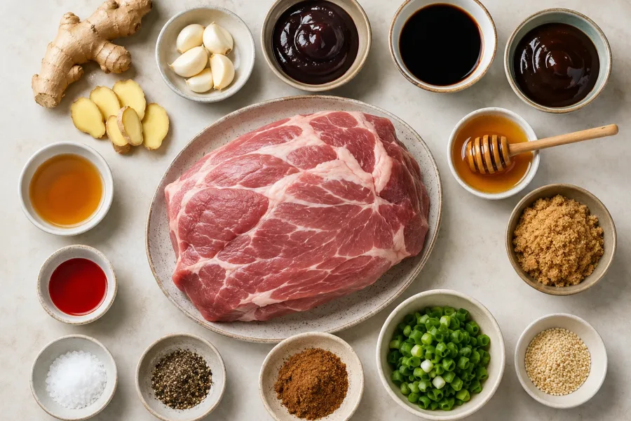 Ingredients for char siu including pork, hoisin sauce, soy sauce, honey, garlic, ginger, five-spice, sugar, sesame seeds, and green onions