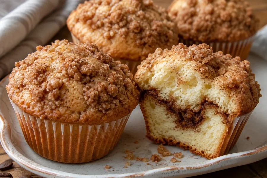 Close-up of coffee cake muffins showing the cinnamon swirl and crumb topping