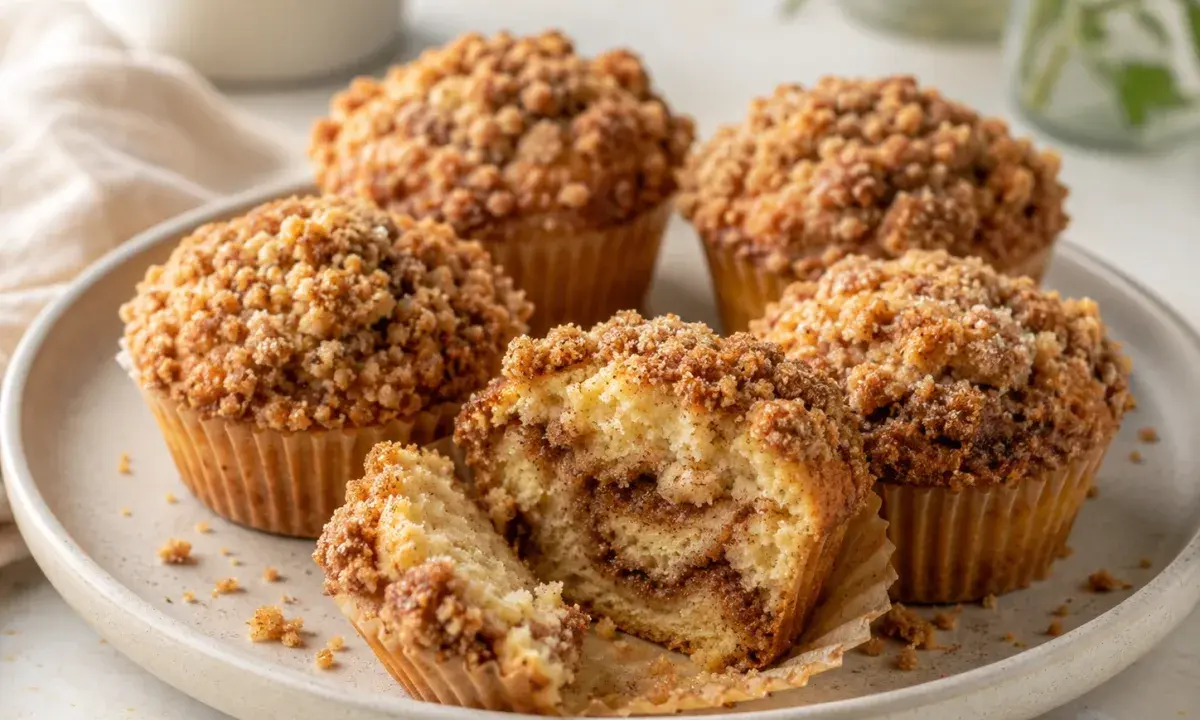 Coffee cake muffins with a cinnamon crumble topping on a plate