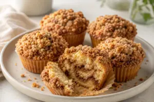Coffee cake muffins with a cinnamon crumble topping on a plate