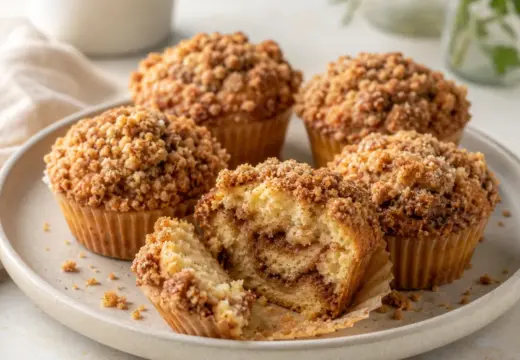 Coffee cake muffins with a cinnamon crumble topping on a plate