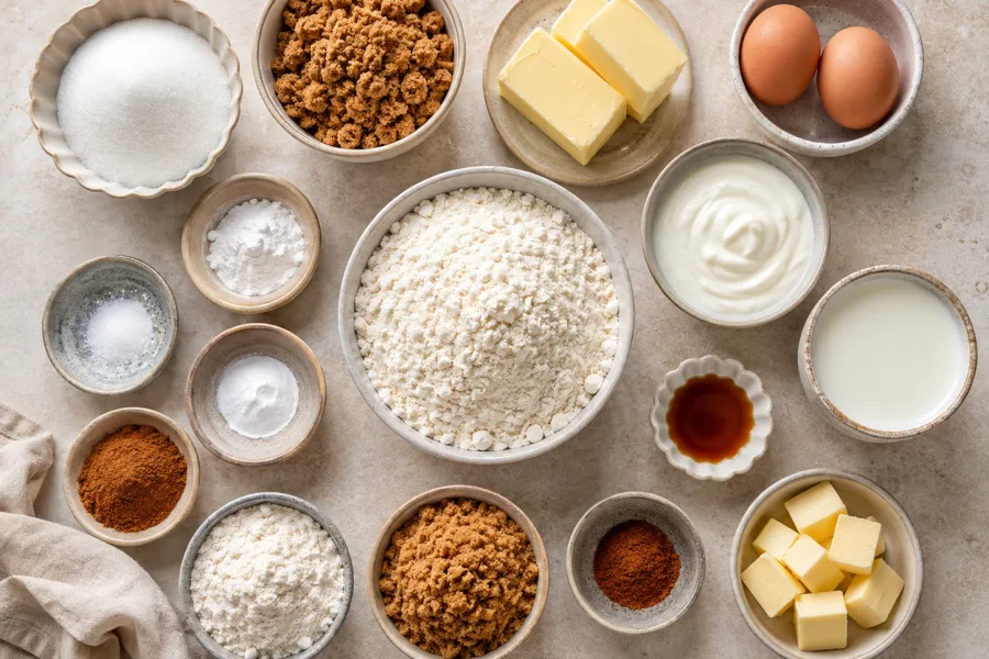 Ingredients for coffee cake muffins with crumble including flour, sugar, brown sugar, butter, eggs, sour cream, milk, vanilla, cinnamon, baking powder, baking soda, and salt