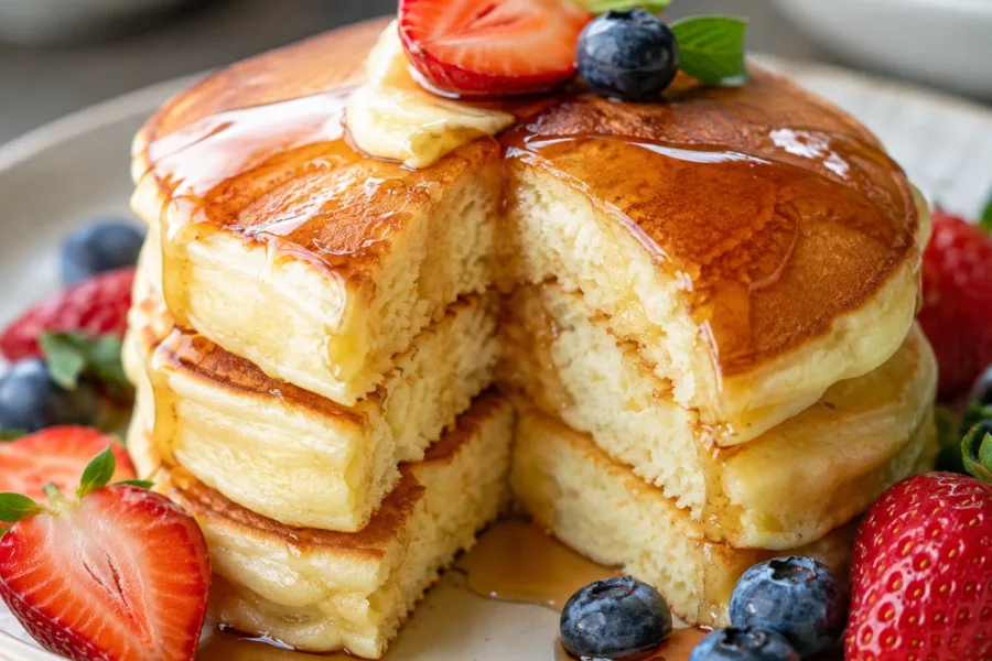 Close-up of fluffy pancakes showing the soft interior and syrupy topping