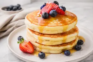 A stack of fluffy pancakes topped with syrup, strawberries, and blueberries