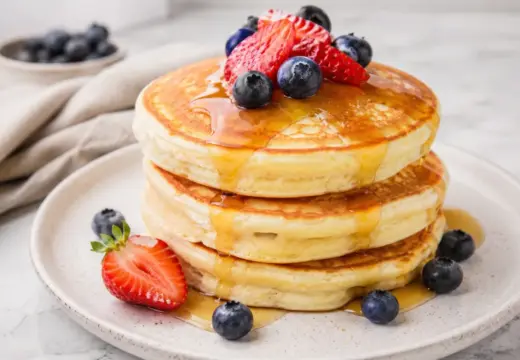 A stack of fluffy pancakes topped with syrup, strawberries, and blueberries
