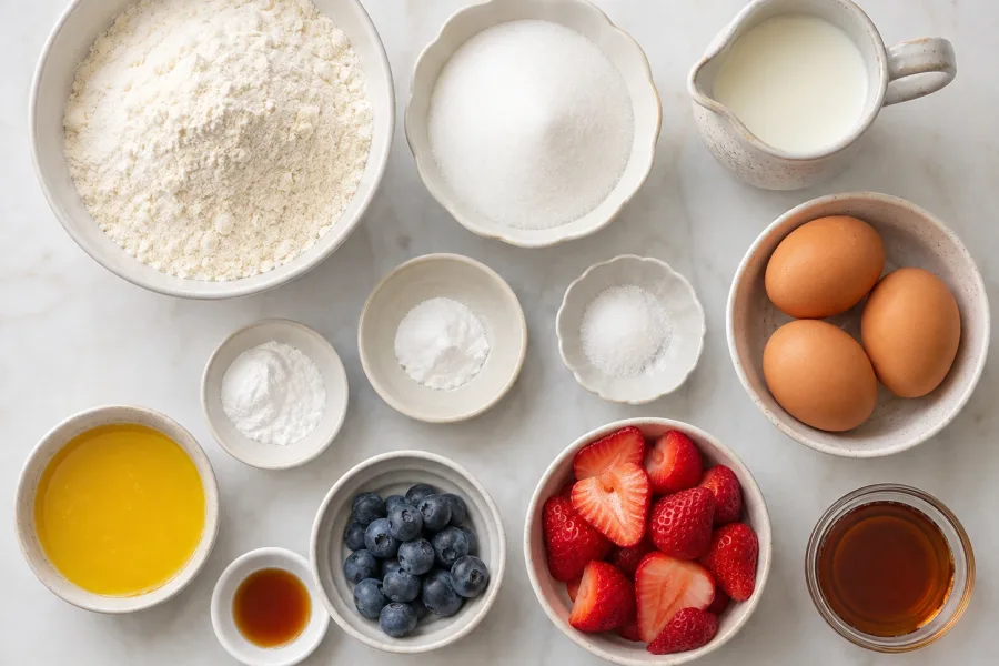 Ingredients for fluffy pancakes including flour, sugar, baking powder, salt, milk, eggs, butter, vanilla, strawberries, blueberries, and syrup