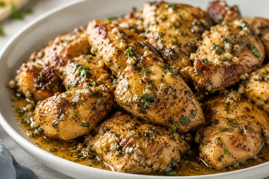 Close-up of garlic butter chicken with browned edges and garlic herb sauce