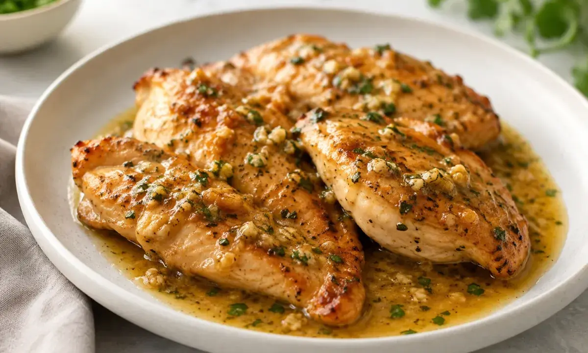 Garlic butter chicken served on a plate with a glossy herb sauce