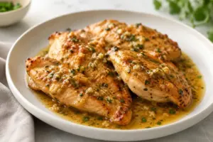 Garlic butter chicken served on a plate with a glossy herb sauce