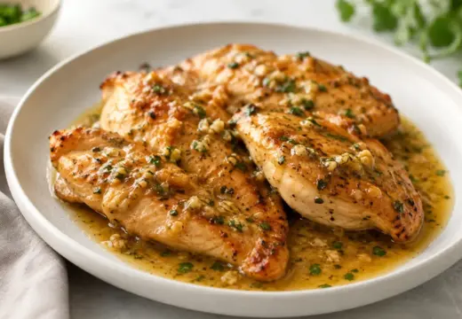Garlic butter chicken served on a plate with a glossy herb sauce