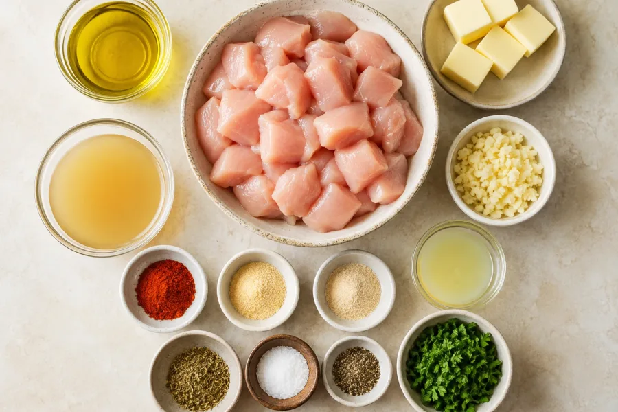 Ingredients for garlic butter chicken including chicken, butter, garlic, olive oil, broth, lemon juice, herbs, and spices