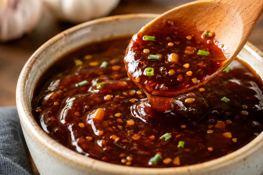 Close-up of glossy honey garlic sauce being lifted with a wooden spoon