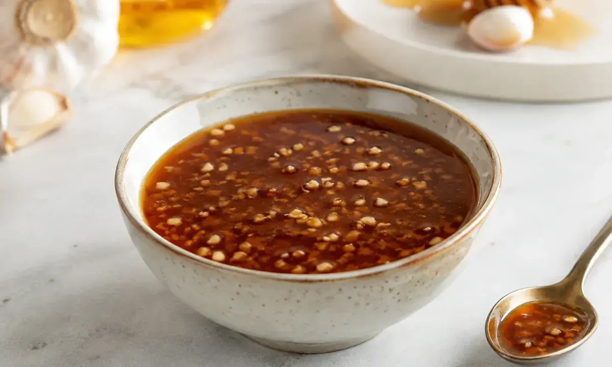A bowl of honey garlic sauce on a light countertop with garlic and honey nearby