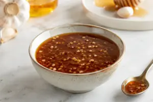 A bowl of honey garlic sauce on a light countertop with garlic and honey nearby