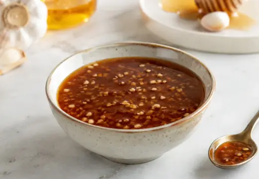 A bowl of honey garlic sauce on a light countertop with garlic and honey nearby