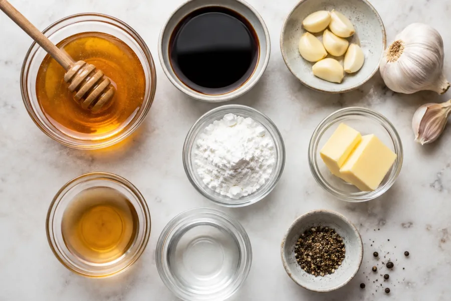 Ingredients for honey garlic sauce including honey, soy sauce, garlic, cornstarch, butter, vinegar, water, and black pepper